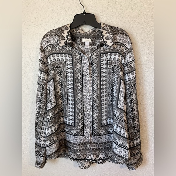 Chico’s Geometric Print Button Down Blouse Black White Size XL - Picture 2 of 6